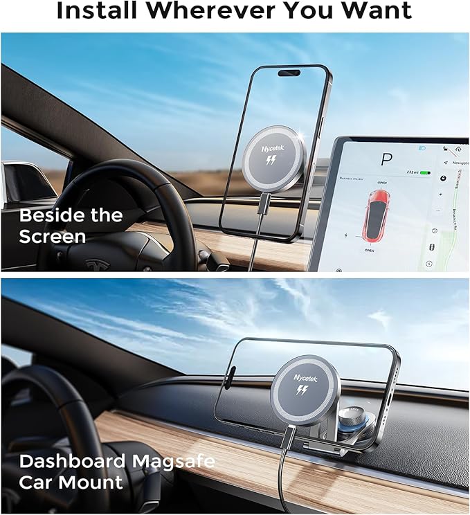 Nycetek 15W Tesla Phone Mount Charger, Tesla Phone Holder Model Y Model 3, Screen & Dashboard [Strongest Magnet Power] Magnetic Tesla Model Y 3 2025 Accessories for All Phone