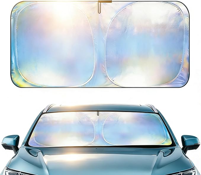 Aokway Car Windshield Sun Shade, Laser Reflective Windshield Sunshade | Heat & UV Blocker for Cars, SUVs, Trucks | Flexible Steel Wire Frame,Double Thickened, Foldable Design