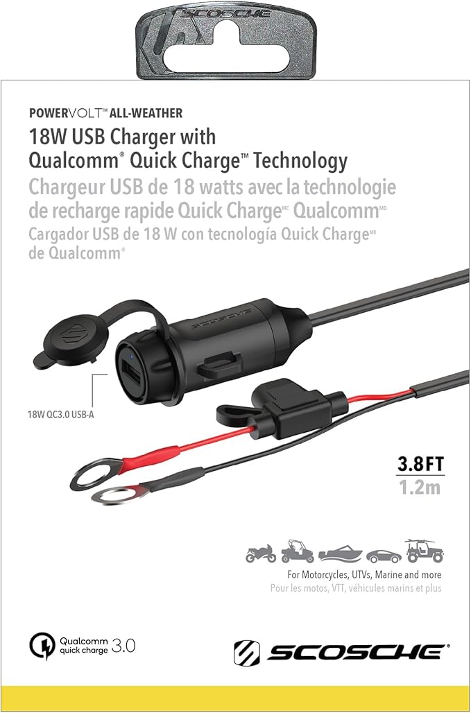 Scosche PSQC3-SP PowerVolt 18W USB Car Charger - Qualcomm Quick Charge QC 3.0 - All-Weather USB Charger - Fast Charging - 12V USB Outlet - USB A for Motorcycles, ATV’s, Boats, Marine Vehicles and More