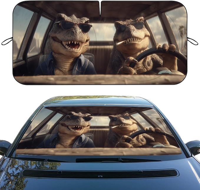 Funny Dinosaur Car Windshield Sunshades Cool Retro Sunglasses Dino Front Window Sun Shade Blocks UV Rays Sun Visor Protector for Car Sedan Truck SUV Accessories 59" L x 31.5" W