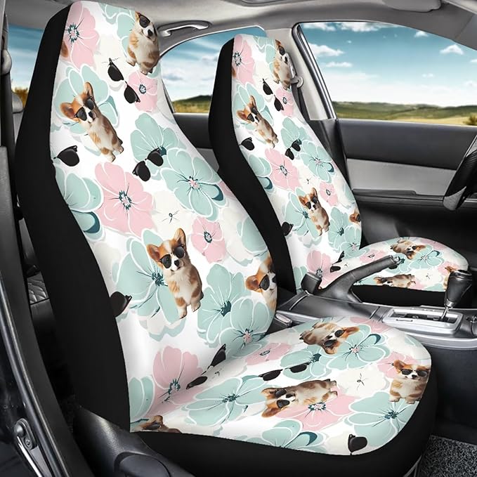 Funny Dog Flowers Car Seat Covers for Womens Mens Universal Auto Front Seats Protector Fits for Car,SUV,Van, Truck