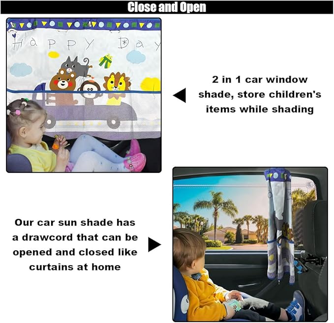 Car Window Shade for Baby, Blackout Car Window Curtain with Storage Pockets & 7 Suction Cups, Cartoon Pattern Cars Side Window Sun Shade Cover for Sun/Heat/UV Rays Protection (Blue-Animals)