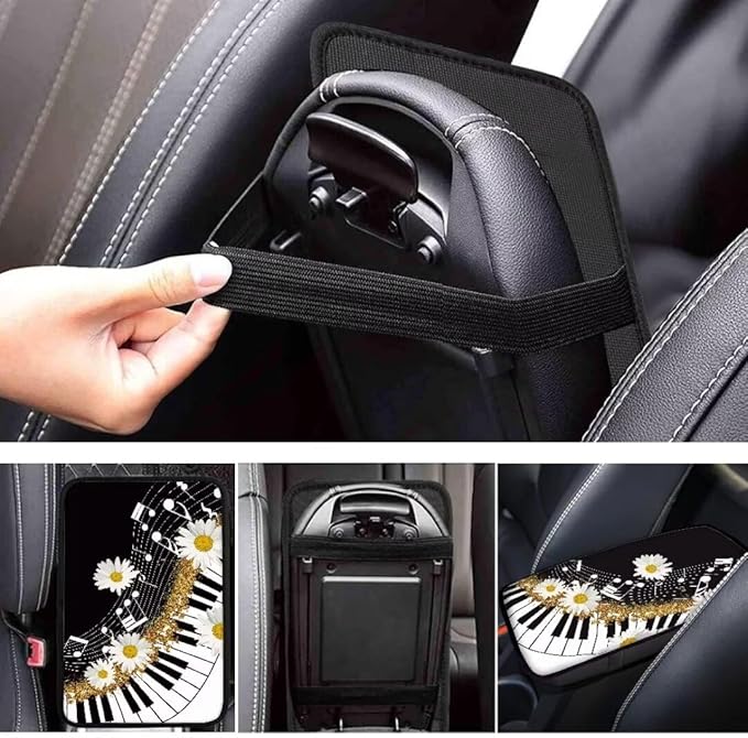 Coldinair Music Notes Car Armrest Cover,Piano Keys Auto Center Console Pad,Soft Seat Box Cover Protector Cushion,Daisy Car Accessories Decor for Most Cars,Sedan,Truck,SUV