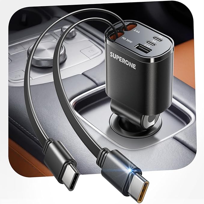 SUPERONE 5-in-1 Retractable Car Charger with Dual Type C Cables, 90W Car Adapter USB C Fast Charger, Multi Port Fast Charging Compatible with iPhone 17 16 15 14 13 12, Galaxy, Pixel, iPad - Black