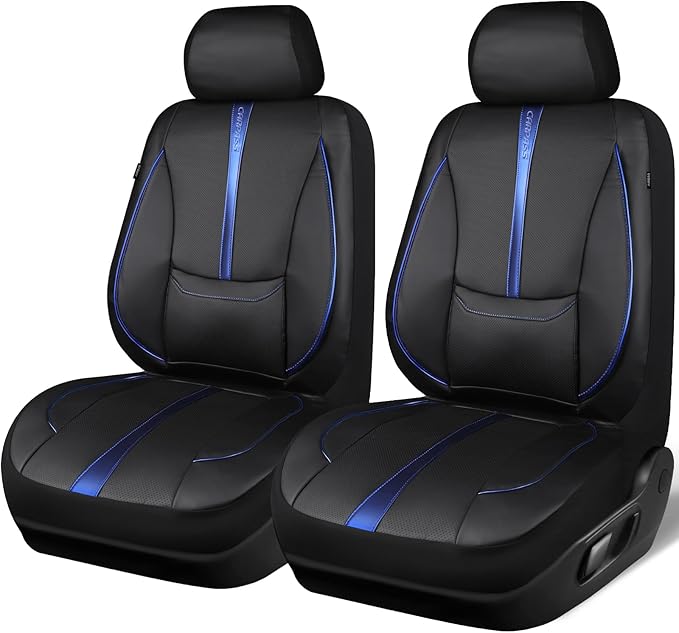 CAR PASS Nappa Leather Two Front Car Seat Covers, Water Resistant Faux PU Leather Seat Covers, 3D Foam Support Automotive Seat Covers Comfortable & Durable Universal Fit for Cars SUV Truck, Black Blue