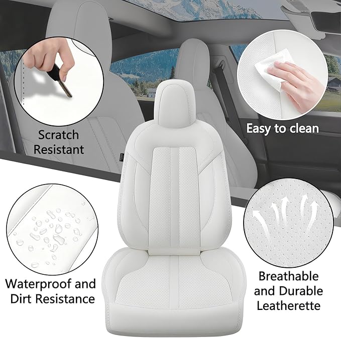 AOMSAZTO Car Seat Cover Fit for Tesla Model Y 2020 2024 - Half Surrounded Customized White Seat Covers(White with Stripe)