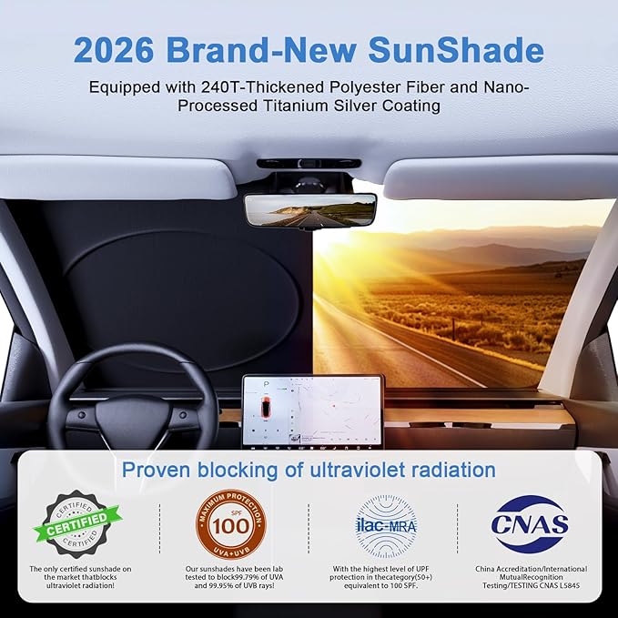 PEMOTech 2026 Upgraded Windshield Sun Shade Cover for Privacy | Overlapping Leather Protection Car Window Shades | Sunburn Blocker & Rear View Mirror Compatible | 64''x32'' for Toyota/Chevy/Honda