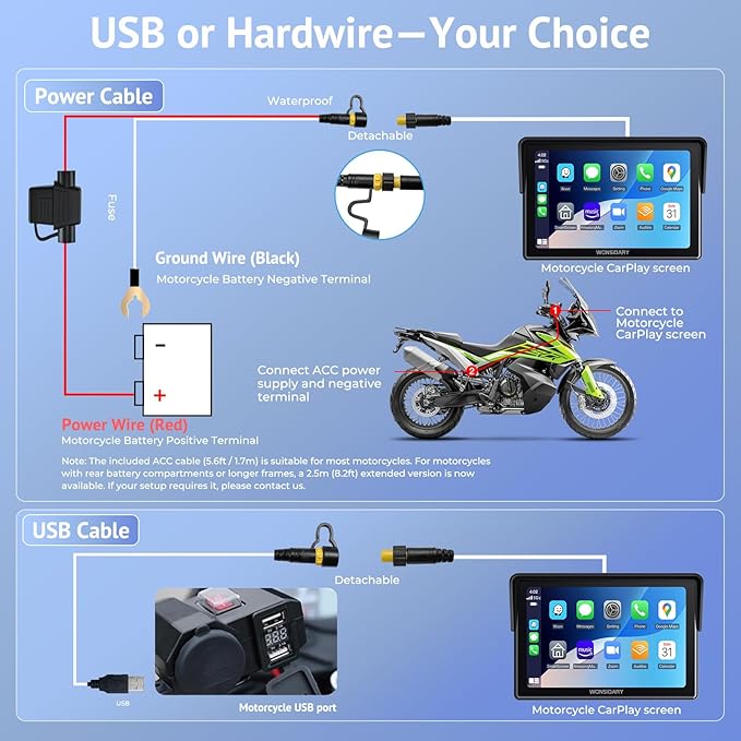 W722 for Motorcycle CarPlay & Android Auto,7" Waterproof Smart GPS Navigation System Screen,Car Play Moto with Light Sensor,Dual Bluetooth,Siri/G-Assist,EQ,USB/Hardwired Power Supply