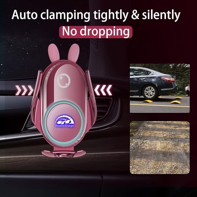 Car Phone Holder Mount Wireless Charging Auto Clamping Rotatable Vent Clip Cute Pink Rabbit Woman for iPhone Samsung Andriod Phone