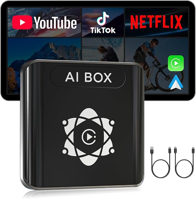 AI Box for Factory Wired CarPlay, Wireless CarPlay & Android Auto Adapter with Netflix, YouTube & TikTok, Full Android Car Video Box with 4G LTE, GPS, Dual Bluetooth and Dual-Band WiFi
