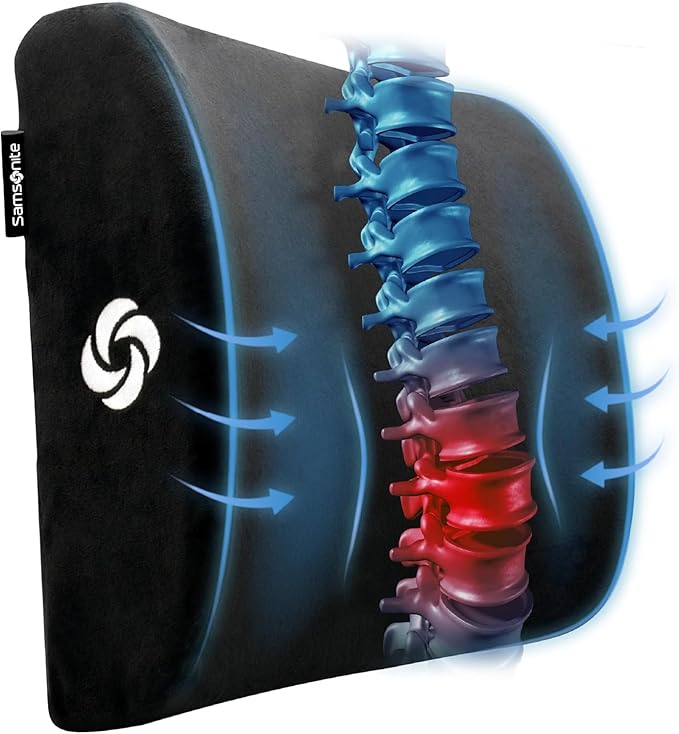 Samsonite Lumbar Support Pillow for Office Chair and Car Seat, Perfectly Balanced Memory Foam, Versatile Use Lower Back Cushion, Black Plush