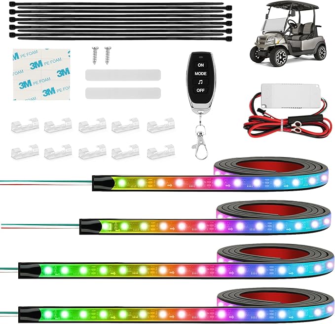 Golf Cart Underglow LED Light Strip Kit, 28 RGB Modes with Music Sync & Wireless Remote | 12-85V Wide Voltage, Fit Club Car, EZGO, Yamaha (2/4/6 PCS)