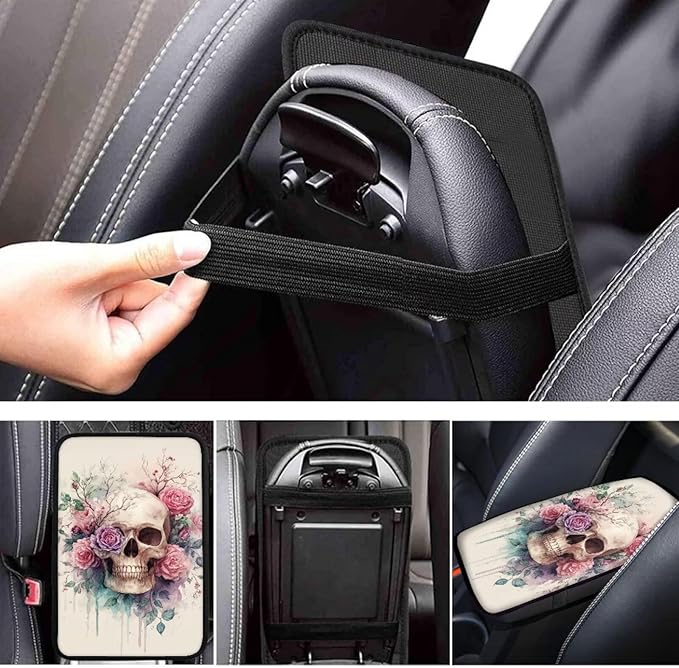 Skull Rose Print Armrest Cushion Cover for Car Neoprene Car Center Console Cushion Pad Non Slip Decorative Armrest Seat Box Cover for SUV Truck Sedan