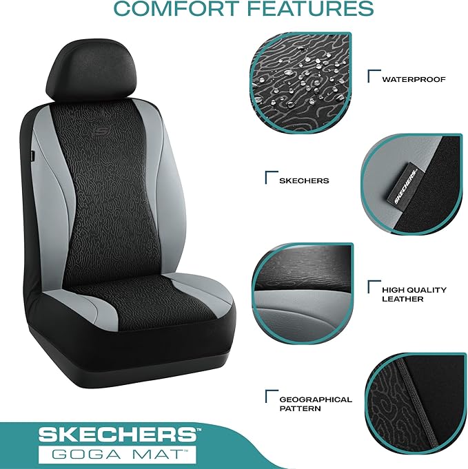 Skechers Car Seat Covers,Leather Seat Covers with GOGA Mat Technology,Waterproof Car Seat Covers Full Sets,Airbag Compatible,Comfort Universal Fit for Most Cars,Vans,Trucks,SUVs,Grey