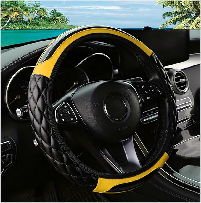 Car Steering Wheel Cover, 14.5-15inch Leather Anti-Slip Car Wheel Cover Protector, Safety Comfortable Desgin, Universal Auto Steering Wheels Accessories for Cars Truck SUV (Yellow)