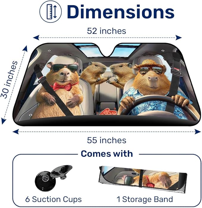 GENANY Capybara Family Windshield Sun Shade for Car SUV Truck (55x30 Inches), Sun Shade Windshield, Shades for Front Windows, Xmas Auto Gift, Spring Car Decor