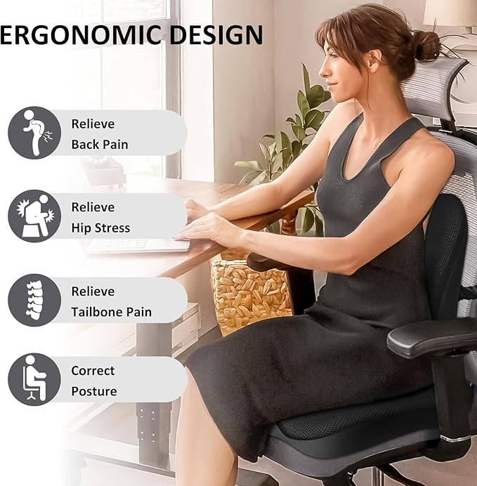 Seat Cushion,Lumbar Support Pillow for Office Chair,Memory Foam Coccyx Seat Cushion,Ergonomic Mesh Back Support Pillow,Office Desk Chair Cushion for Sciatica,Back&Tailbone Pain Relief,Black