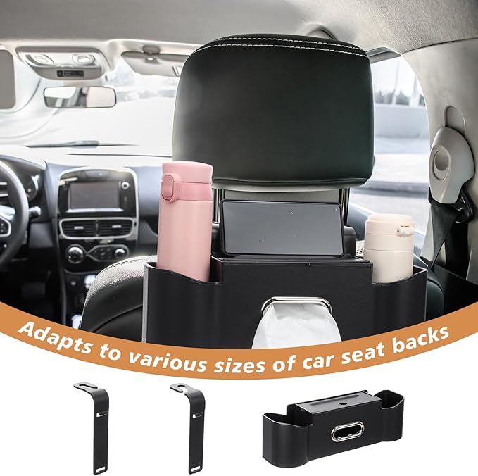LemonRoad 2 Pack Multifunctional Car Seat Back Storage Box Car Seat Back Organizer with Tissue Box, 2 Cup Holders and Hooks for Hold Phone, Drinks, Handbag, Fits for Most Vehicles(Black)