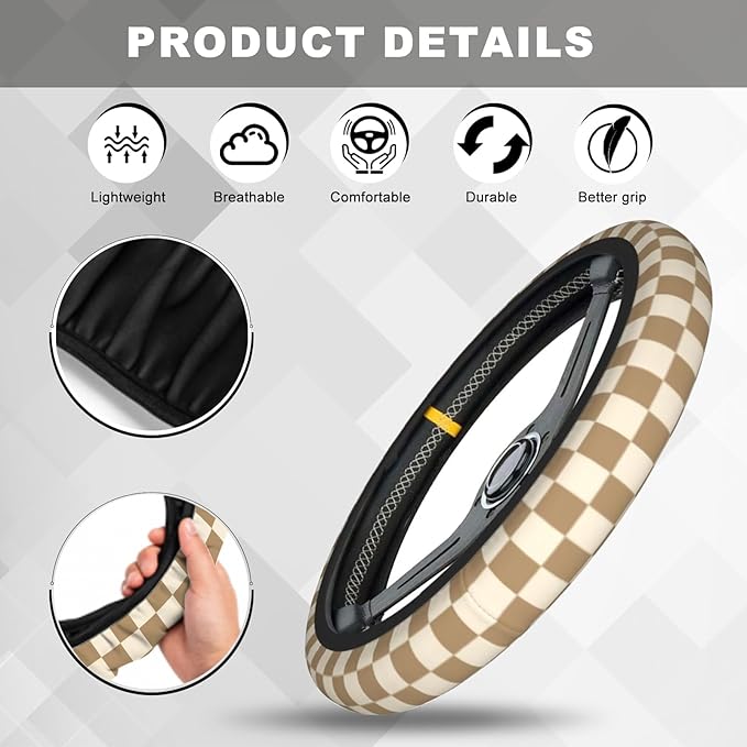 Brown Beige Checkered Steering Wheel Cover, Cute Anti-Slip Breathable Car Accessories Interior Elastic Steering Wheel Cover for Men Women Fit Auto, SUV Vans Truck Universal 14.5-15 Inch