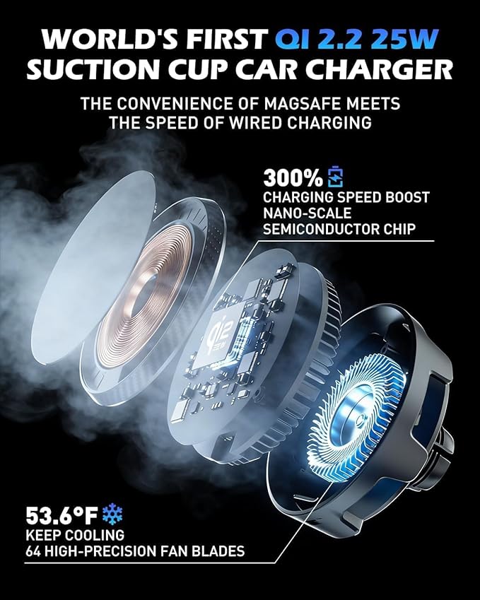 CloudValley 25W Wireless Car Charger Mount with RGB Light, Magnetic Car Phone Holder with Cooling Fan & 45W Adapter, 360° Rotating Vacuum Suction Mount, Only Design for MagSafe iPhone 17/16/15/14/13