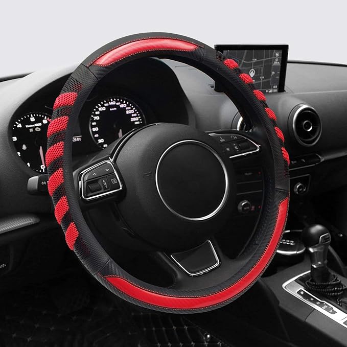 Sport Grip Style Dark Red Leather Steering Wheel Cover,Black ,Universal Fit 14.5-15.25 inch Steering Wheel