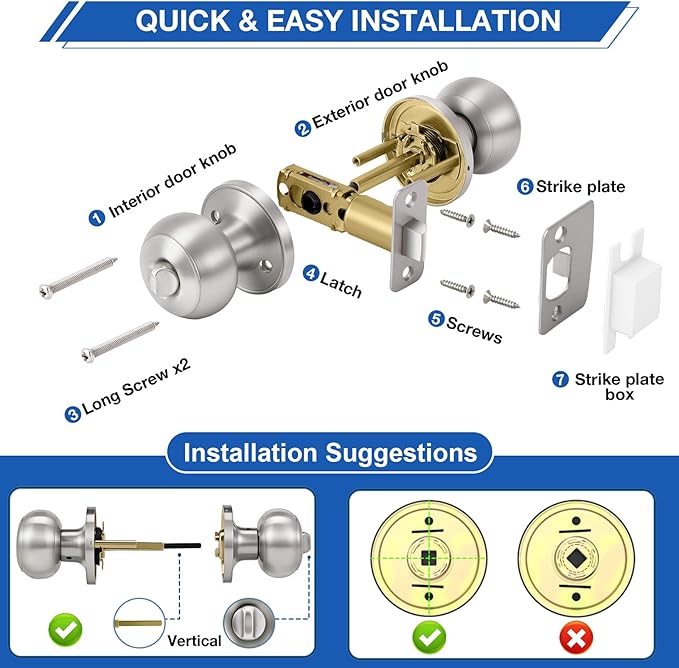 Plustool 10 Pack Brushed Nickel Door Knobs,Privacy Door Knob with Lock, Interior Doorknobs Silver, Keyless Door Locks Set for Bedrooms Bathrooms, Reversible for Left/Right Door Handle