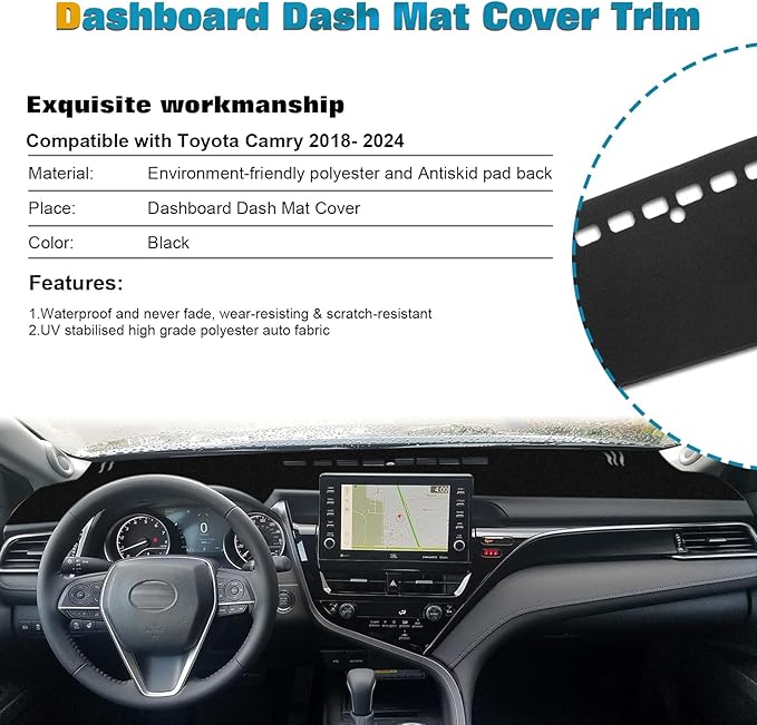 x xotic tech Center Console Dashboard Mat Pre-Cut Non-Slip Sunshield Sun Glare Protector Dash Carpet Pad Black Cover Compatible with Toyota Camry 2018-2024