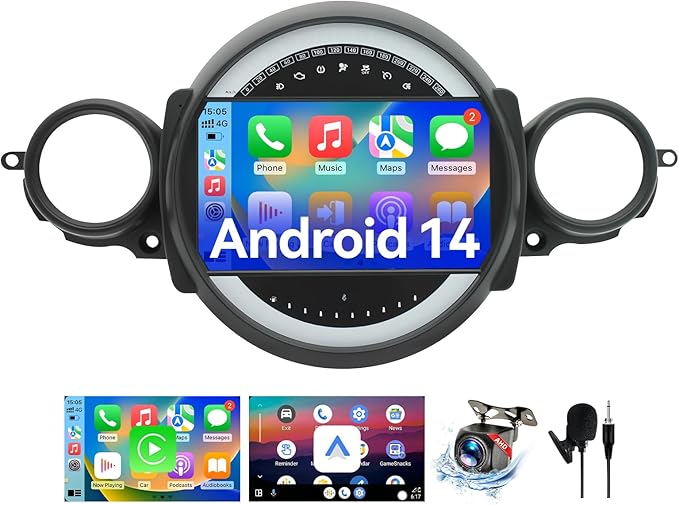 Android 14 Car Radio Compatible with BMW Mini Cooper 2007-2014,4G+64G,9" Touch Screen Car Stereo with Wireless Carplay&Android Auto,FM/GPS/SWC/Mirror Link/Backup Camer