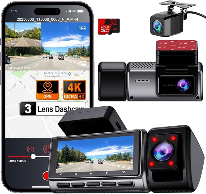 Dash Cam Front and Rear, 4K/2.5k Full HD 3 Channel Dash Camera for Car, Included 32G Card Dashcam, Built-in WiFi GPS, App Control, 3.18’ IPS Screen, Night Vision, Wide Angle, WDR, 24H Parking Mode