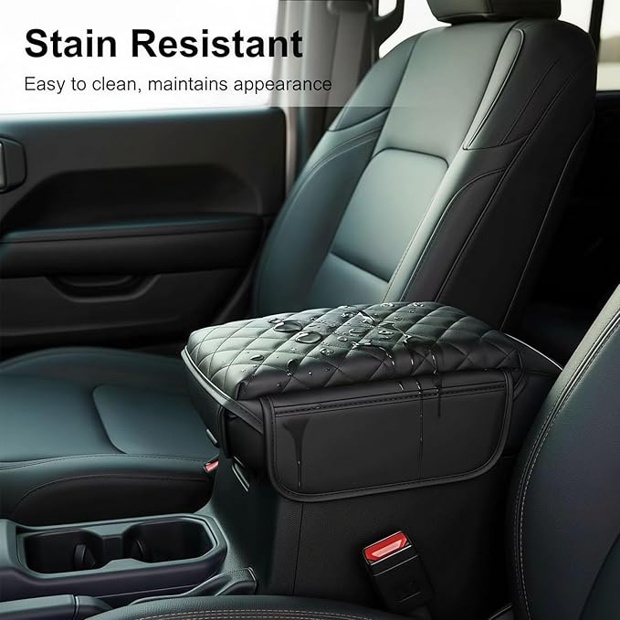 Center Console Cover with Pocket for Jeep Wrangler JL 2018-2025 Armrest Cover Leather Arm Rest Pad with Pockets Middle Console Lid for Wrangler JL JLU&Gladiator JT2018-2025 Accessories（Black）