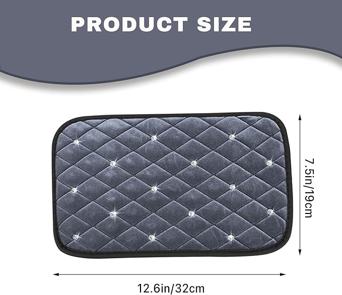 Bling Car Center Console Cover, Soft Fluffy Armrest Seat Box Cushion Pad, Crystal Diamond Arm Rest Protection Mat, Automotive Interior Decoration Accessories for Most Vehicles (Gray)
