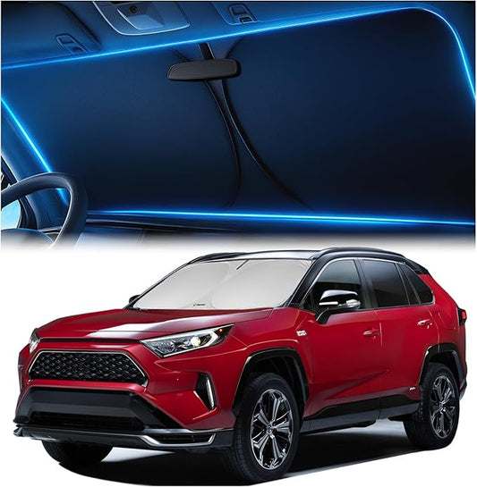 Windshield Sunshade for Toyota RAV4 2019 2020 2021 2022 2023 2024 2025 - Innovative No-Light-Pass Technology, Mirror Cut-Out, Blocks 99% UV Rays, Fade-Resistant, Easy-Fold RAV4 Windshield Sun Shade