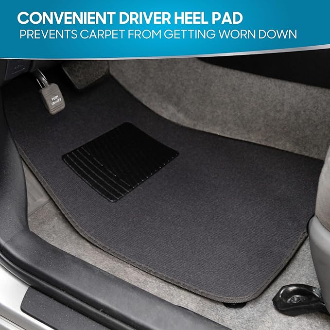 BDK Premium Charcoal Carpet Floor Mats for Cars - Universal Fit Interior 4-Piece Car Mats Full Set with Vinyl Heel Pad Protector - Cute Car Accessories Interior Floor Covers for SUVs & Trucks