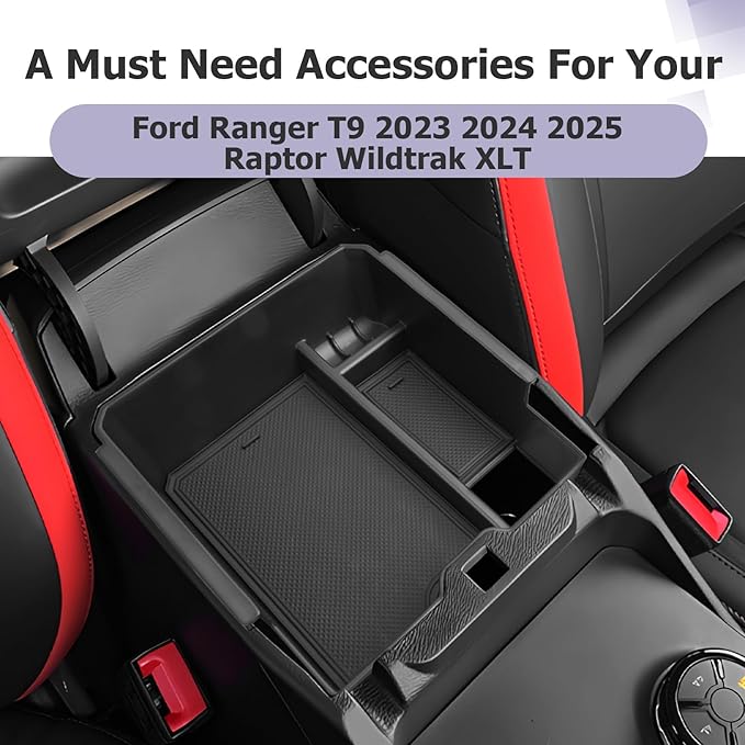 LUWU 2025 2026 Ranger Center Console Organizer for 2024 2025 2026 Ford Ranger XL/XLT/Lariat/Raptor Accessories Armrest Console Storage Box Glove Organizer Tray ABS Material Black