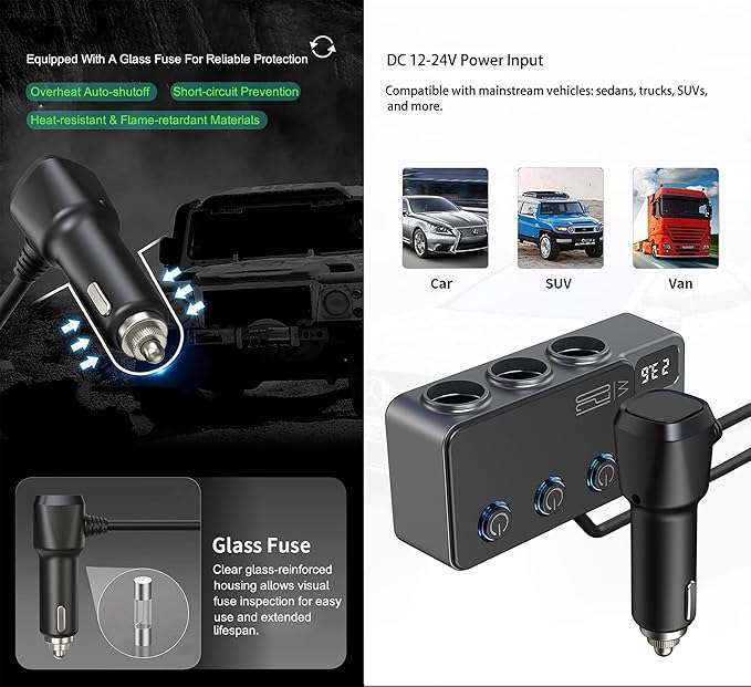 8 in 1 Cigarette Lighter Splitter, 3 Socket Car Charger Adapter, Type-C QC3.0 PD35W 5 USB C/A Fast Charging Port,12V/24V Input 120W Outlet with Built-in Protecter, Zero Risk to Car Battery & Devices