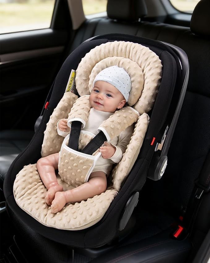 Infant Car Seat Insert with Extra Cushion for Preemie to Toddler, Reversible Newborn Carseat Insert for Baby Head Body Support, Fits for Stroller, Baby Swing, Bouncer - Dots, Beige