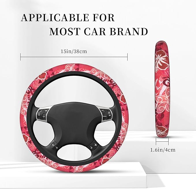 Red Hibiscus Polynesian Tapa Car Steering Wheel Cover 14-15 Inch for Women Men - Stretch Cloth Anti-Slip Wrap Protector Case - Fit Universal Auto Accessories Decor - Sweat Absorption