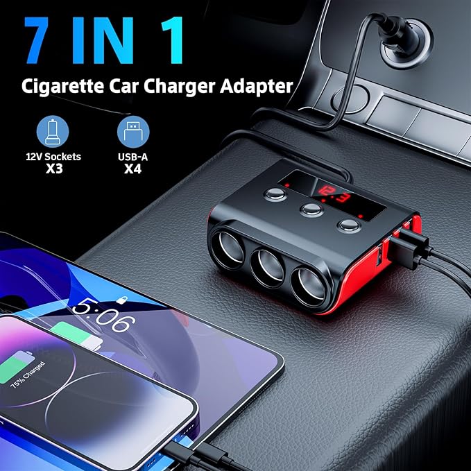 7 in 1 Cigarette Lighter Splitter, SONRU 3 Sockets Cigarette Lighter Splitter with 4 Fast Charging USB Ports, 120W 12V/24V DC Independent Power Switches & LED Voltage Display for All Car Devices