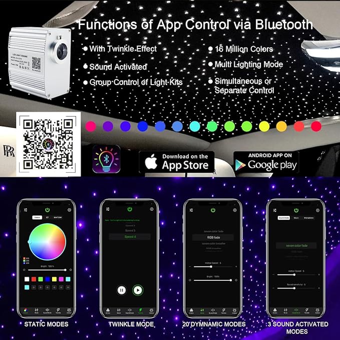 AKEPO 10W Twinkle Fiber Optic Light Engine Light Source, APP Control + Music Activated + 28-Key Remote Control for Car Stars Headliner and Home Star Ceiling Kit