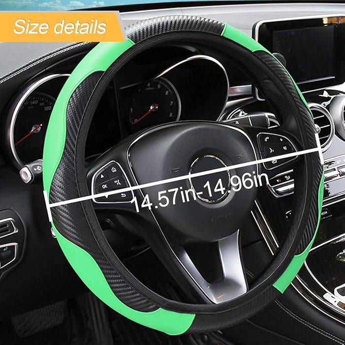 LoyaForba Car Steering Wheel Cover, Microfiber PU Leather Elastic Carbon Fiber Auto Steering Wheel Protector, Universal 15 Inch Breathable Anti-Slip, Car Interior Accessories for Most Cars (Green)