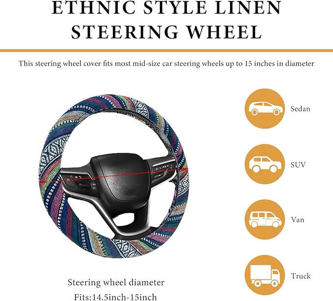 Boho Steering Wheel Cover, 15 Inch Coarse Flax Cloth Ethnic Style Anti-Slip Car Wheel Wrap, Universal Breathable Bohemian Steering Wheel Protector for Cars Vans Trucks (B)
