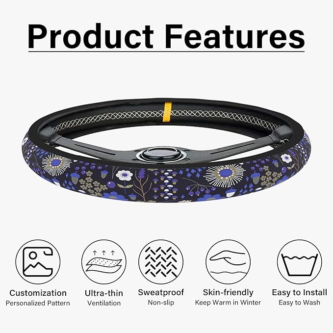 Magic Forest Steering Wheel Cover, Cute Purple Floral Steering Wheel Cover for Women, Ultra-Thin Skin-Friendly Breathable Sweatproof and Non-Slip, for Steering Wheel with a Diameter of 14.5"-15"