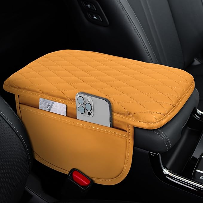 Car Center Console Cover, 12"×7.87" Waterproof Leather Auto Armrest Cover Protector with 2 Pocket, Comfortable Arm Rest Box Cushion Pad, Universal Interior Car Accessories (Yellow)