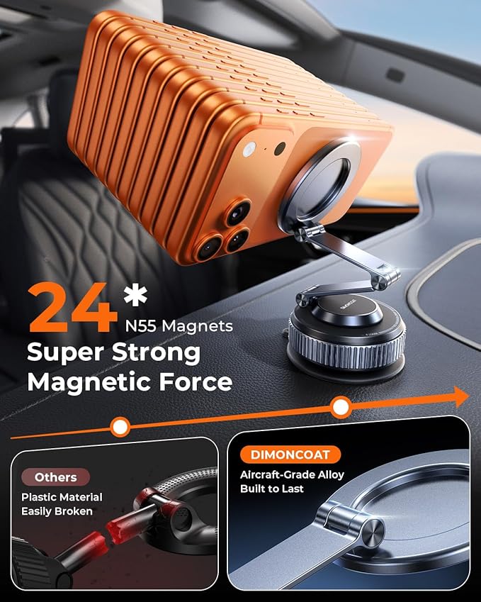 2026 Upgraded 360°Rotation Nano Gel Suction Phone Holder, Foldable Metal Vacuum Magnetic Phone Holder [119+LBS Max Suction] Tesla model Y/3 MagSafe car Phone Mount for iPhone 17 16 Pro Max S26 Ultra