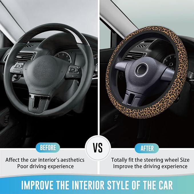 Elastic Steering Wheel Cover Car Accessories Cute Universal 15 Inch Absorbing Sweat Non-Slip Breathable for Man Woman - Brown Leopard