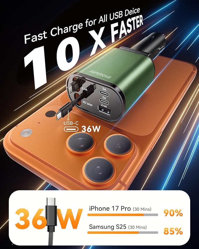 SUPERONE 5 in 1 Retractable Car Charger with Dual Type C Cables, 90W Fast Charging USB C Car Accessories Adapter for iPhone 17/16/15/14/13/12, iPad, Galaxy, Pixel