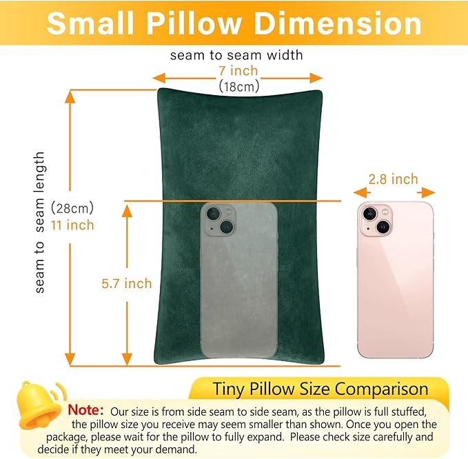 2 Pack Small Pillow, Memory Foam Mini Pillow 11 X 7 Inches for Travel, Sleeping, Nap and Neck, Knee, Lumbar Support, Tiny Cushion for Pet, Dogs (Dark Green)