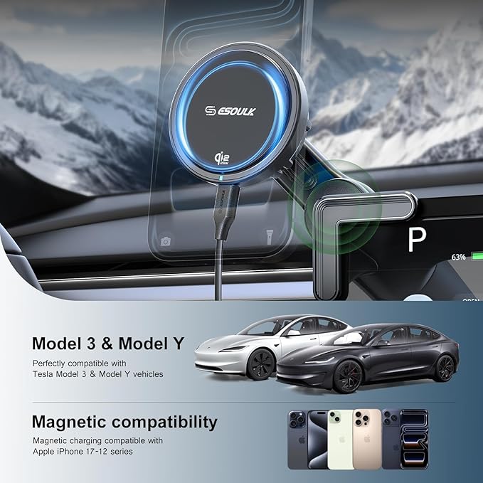 Esoulk [2026 Upgraded] Qi2 25W Fast Wireless Car Charger for Tesla Model 3/Y, Magnetic Phone Mount with Active Cooling Fan, Dashboard Screen Mount for iPhone & Android