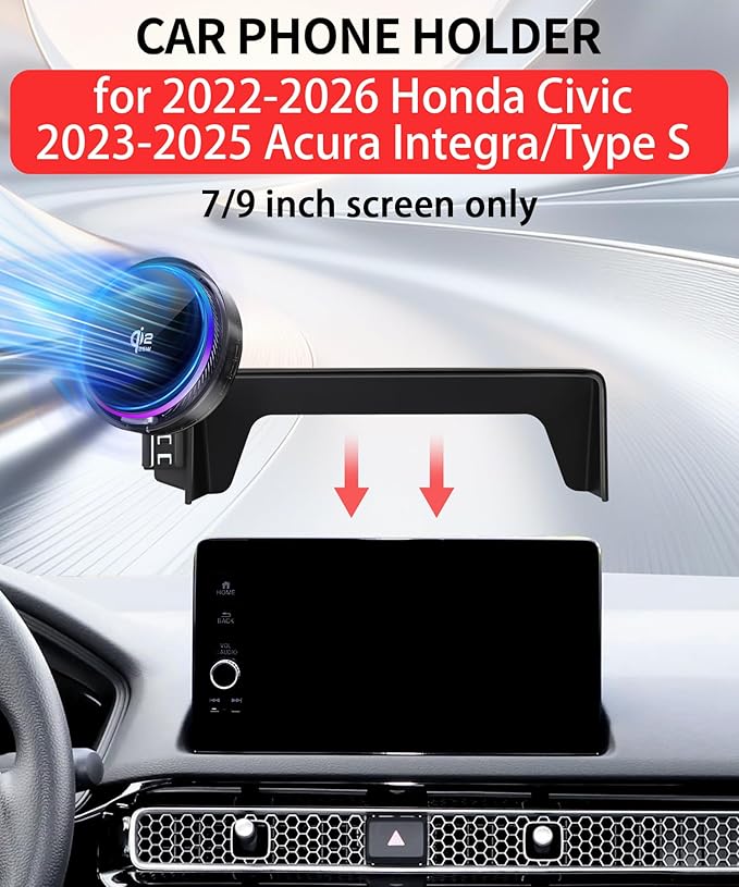 Qi2.2 Magnetic 25W Car Mount Charger for Honda Civic 2022-2026/Acura Integra 2023-2025 Accessories 7/9 Inch Screen Fixed Clip Cell Phone Holder with Cooling Fan＆54W Fast Adapter