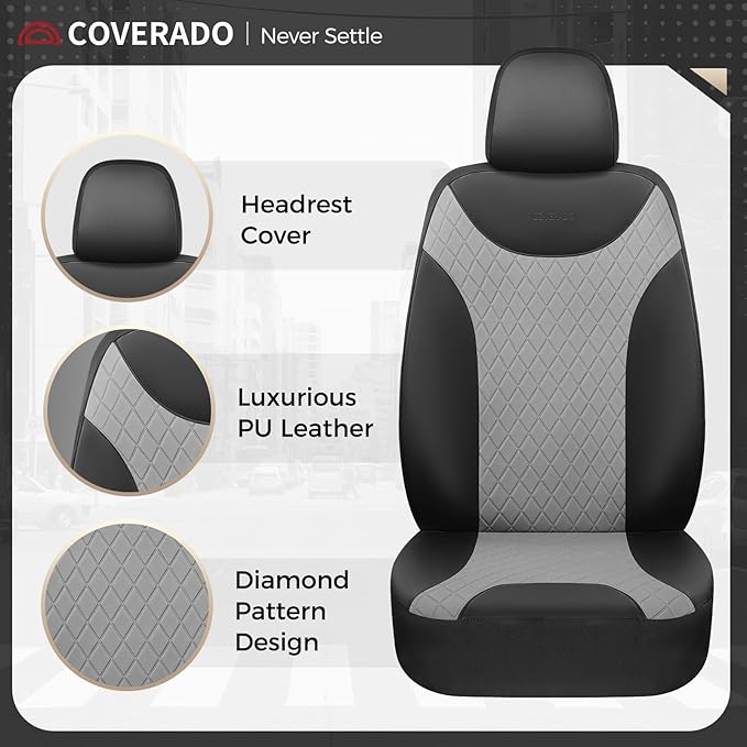 Coverado Car Seat Covers, 5 Seats Front and Rear Seat Covers for Cars, Leather Seat Covers Waterproof Car Seat Protectors, Automotive Seat Cushions Universal for Most Sedan, SUV, Truck, Black & Gray
